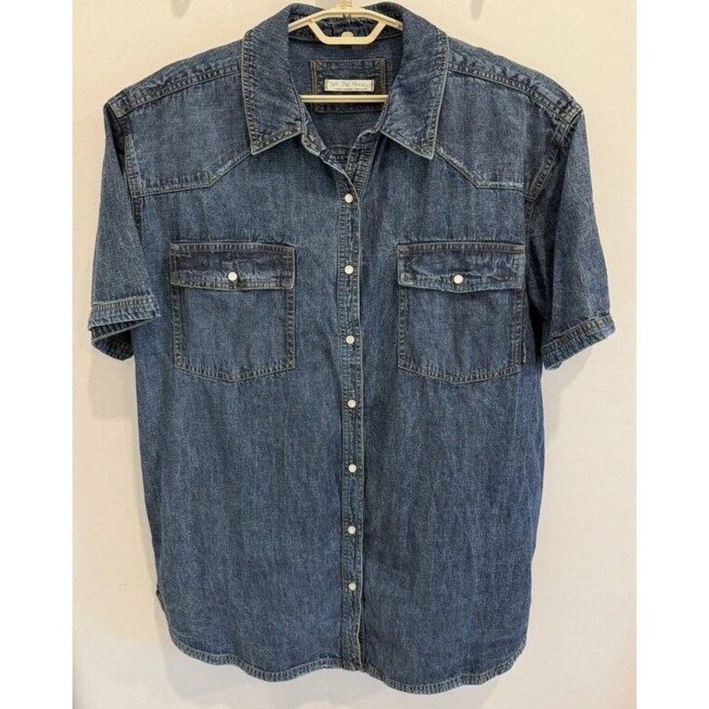 We The Free People The Short Of It Denim Top Oversize Pearl Snap Short Sleeve XL